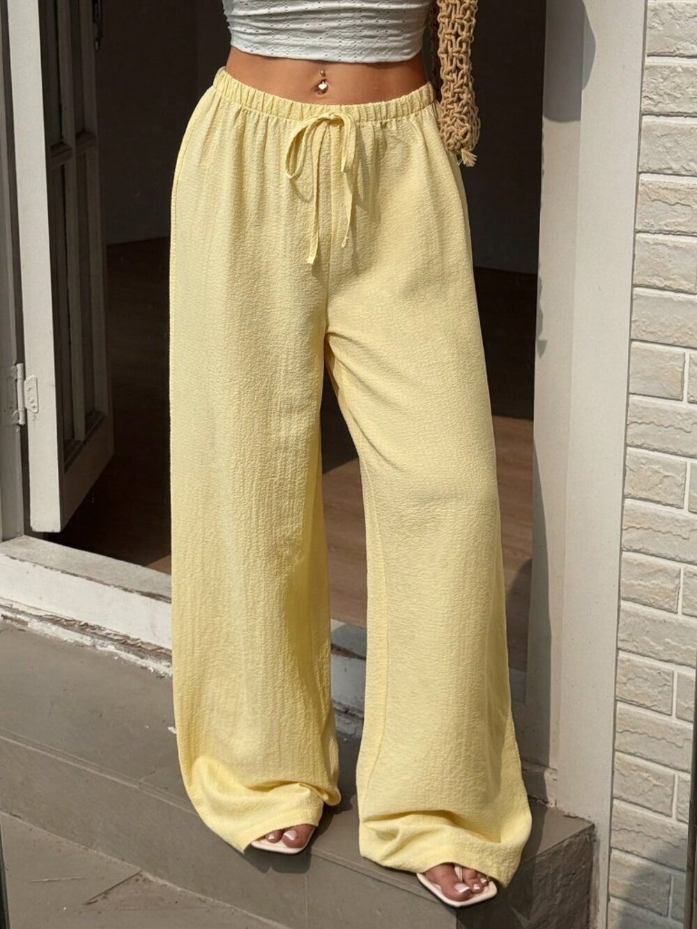 Butter Yellow Casual Women's Vacation Travel Tie-Up Straight Leg Trousers